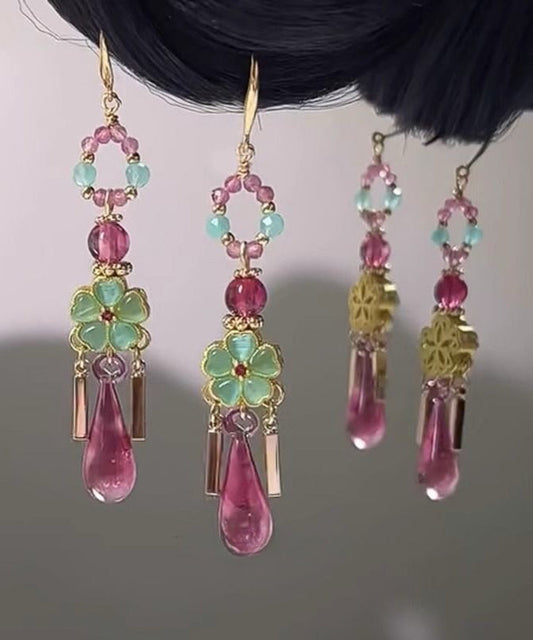 Vintage Colorblock Copper Floral Water Drop Tassel Drop Earrings