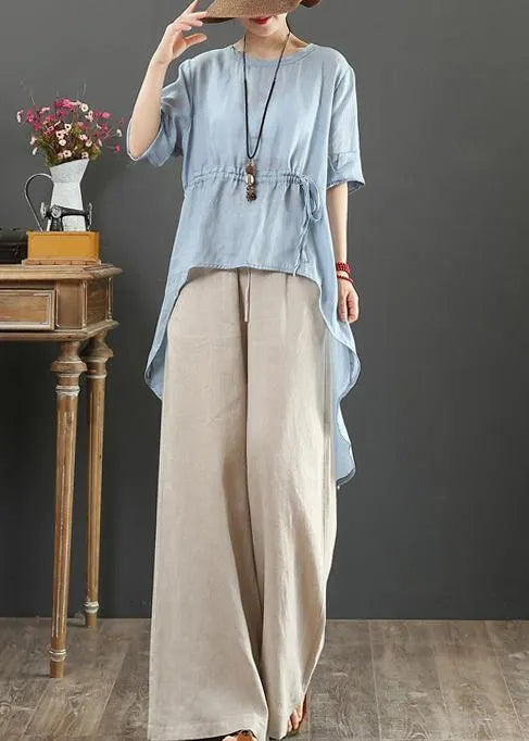 DIY light blue linen clothes o neck asymmetric box shirts