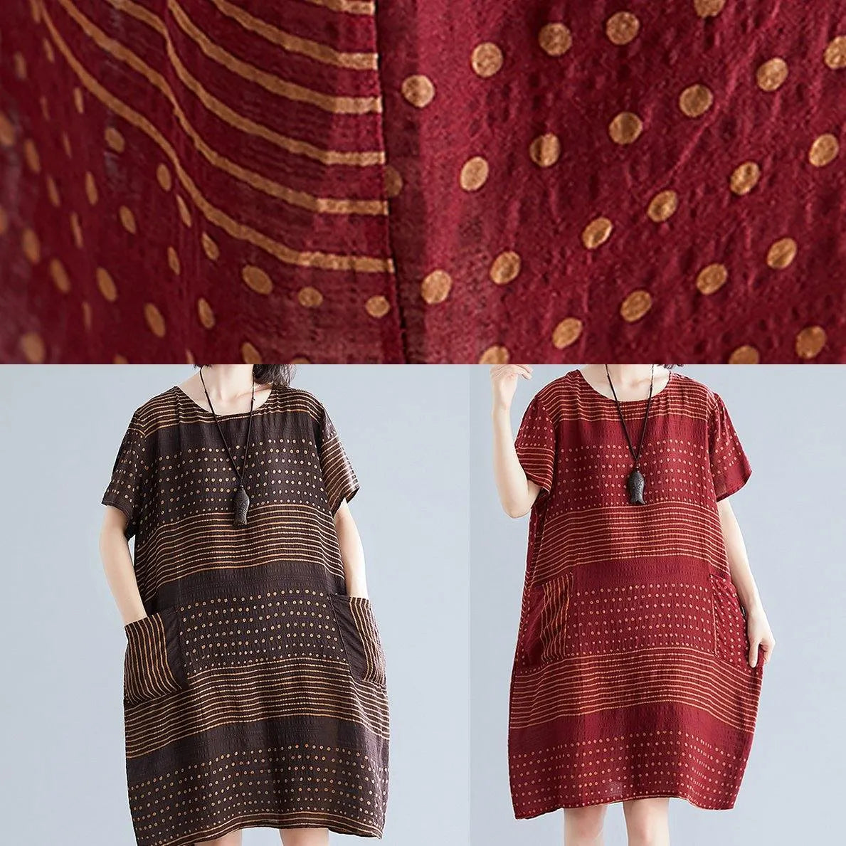 Beautiful chocolate dotted Cotton tunic top o neck pockets short Dress