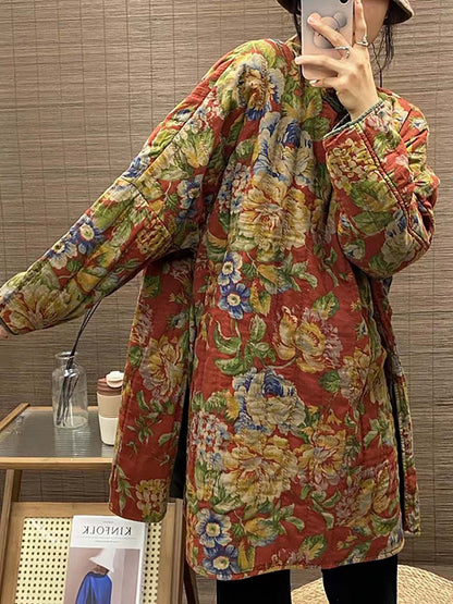 Winter Ethnic Button Floral Print Splict Hem Coat