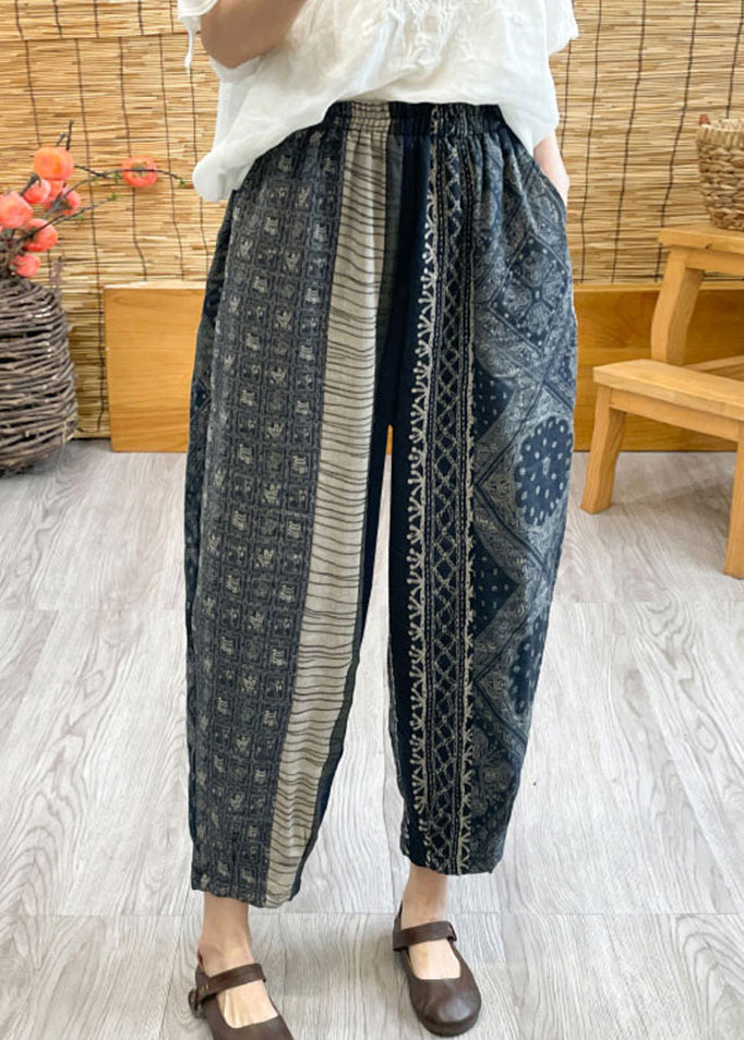 Vintage Black Oversized Print Linen Harem Pants Spring