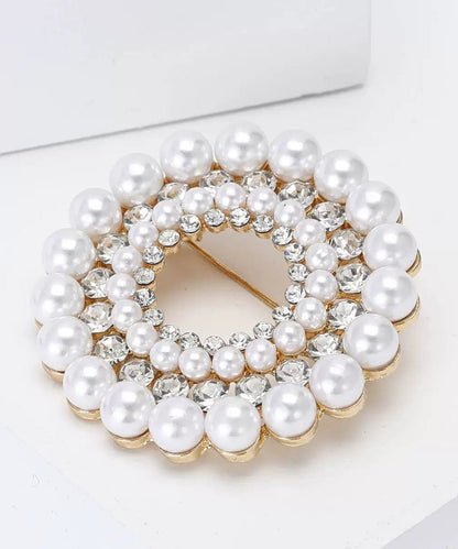 Classy White Alloy Pearl Zircon Floral Brooches