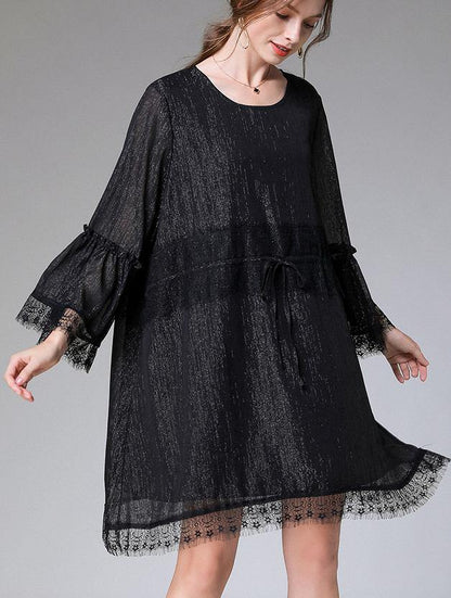 Casual Black Tie Waist Flare Sleeve Mini Summer Chiffon Dress