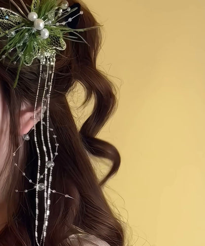 Beautiful Green Lace Feather Butterfly Pearl Tassel Hairpin