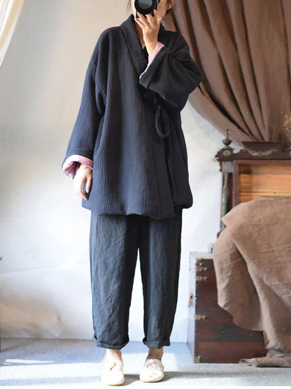 Women Winter Chinese Style Drawstring Linen Cotton Coat