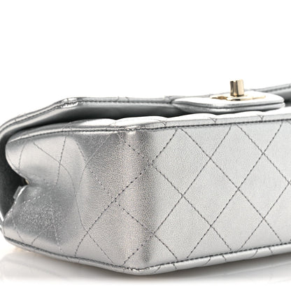 Metallic Lambskin Quilted Mini Rectangular Flap Silver