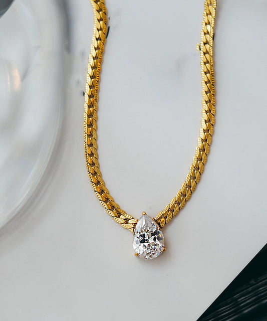 Modern Gold Copper Overgild 14K Gold Zircon Water Drop Pendant Necklace