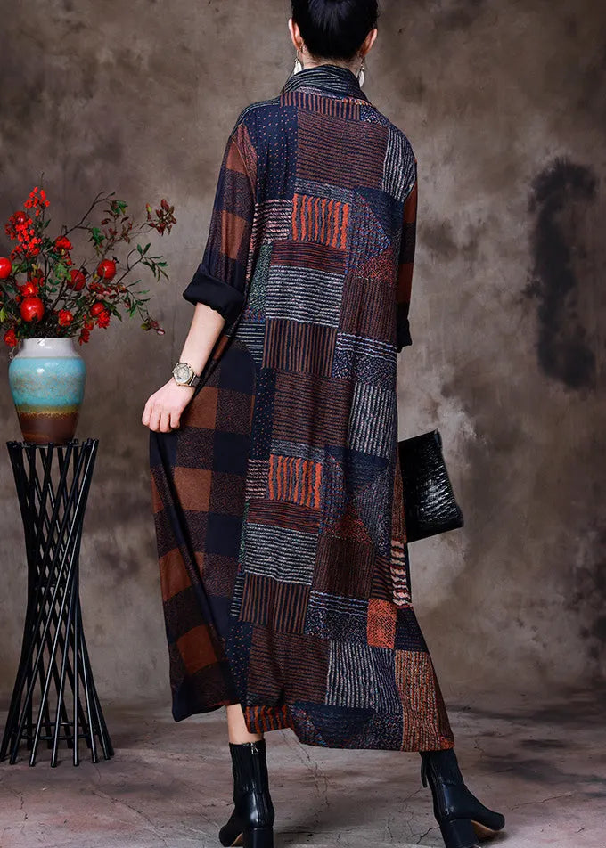 Plus Size Coffee Turtleneck Plaid Patchwork Velour Maxi Dress Long Sleeve