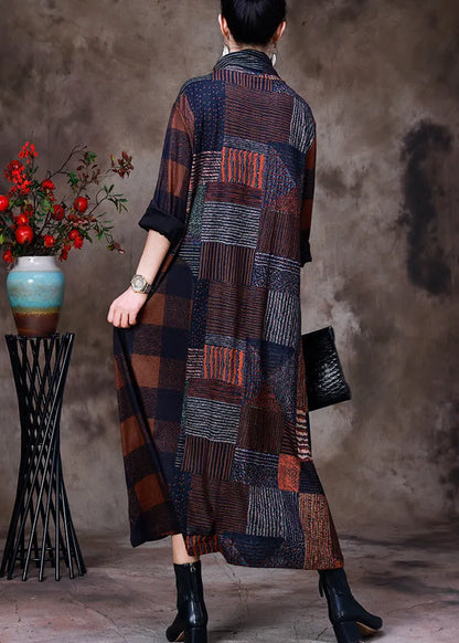 Plus Size Coffee Turtleneck Plaid Patchwork Velour Maxi Dress Long Sleeve