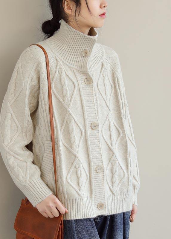 Cozy Beige Sweaters Stand Collar Pockets Trendy Plus Size  Knit Sweat Tops