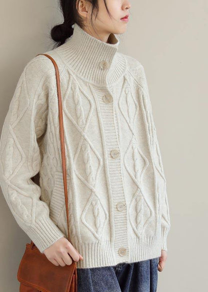 Cozy Beige Sweaters Stand Collar Pockets Trendy Plus Size  Knit Sweat Tops