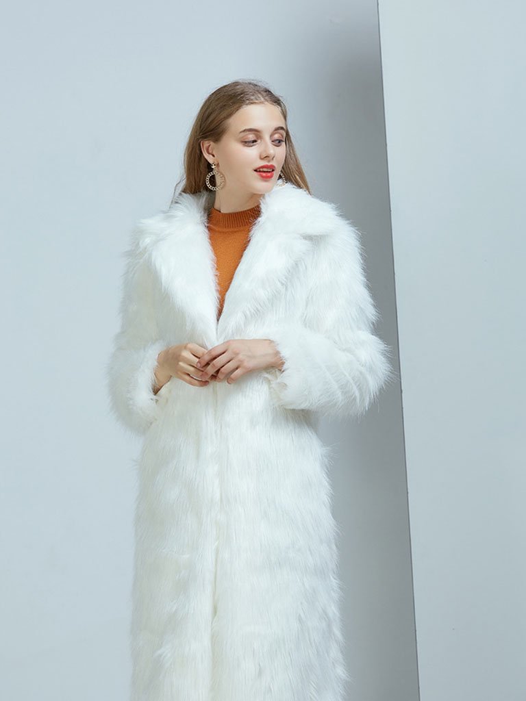 Faux Fur Coat Women V Neck Long Sleeve Maxi Winter Coat