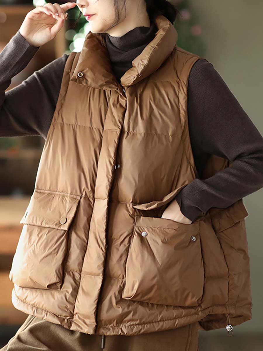 Women Casual Agaric Lace Button Pocket Down Vest
