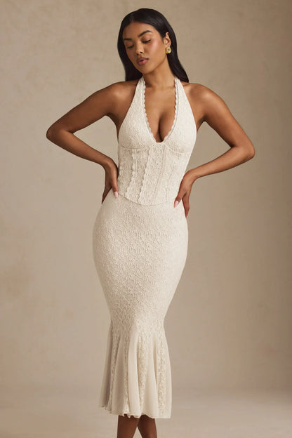 Halterneck Corset Lace Midaxi Dress In Ivory