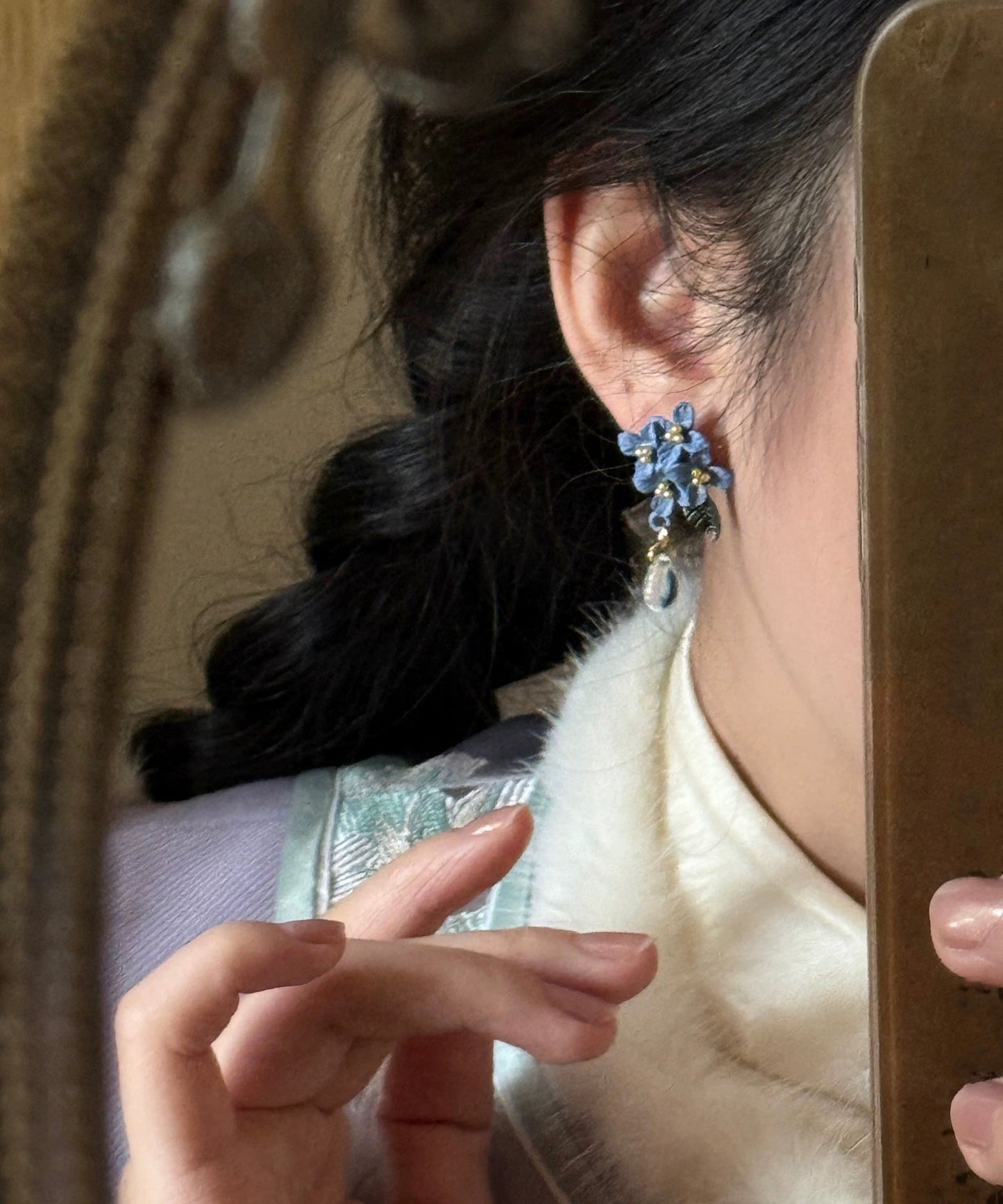 Bohemian Blue Alloy Floral Leaf Water Drop Tasse Drop Earrings