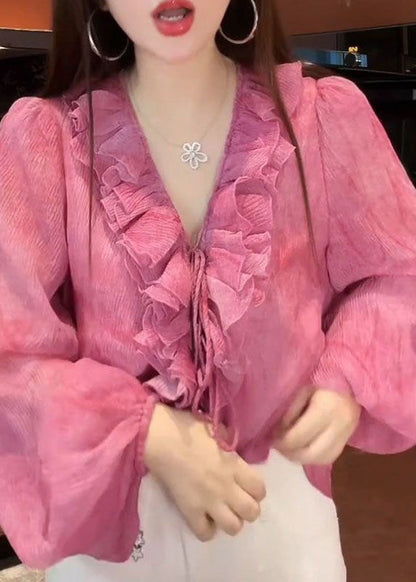 French Pink Tie Lace Floral Top Lantern Sleeve