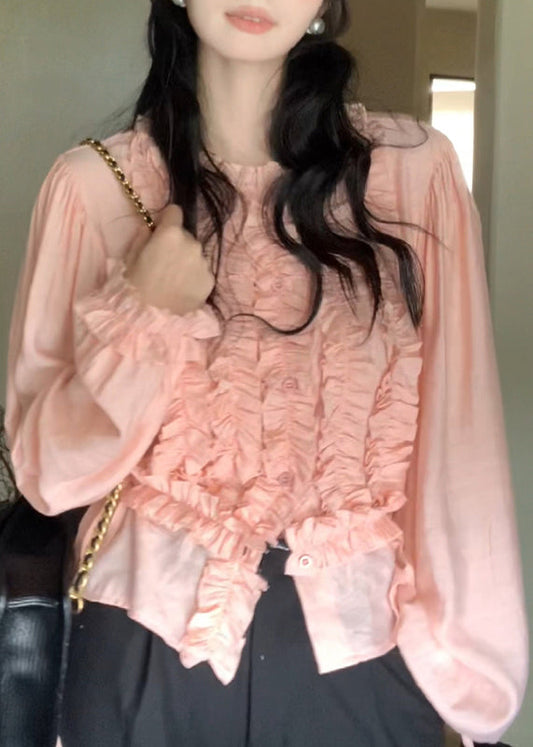 Cute Pink O-Neck Ruffled Chiffon Top Lantern Sleeve