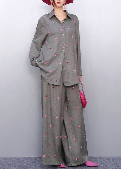 Coordinated Style Grey Two-Piece Outfit Vibrant Pink Embroidered Details