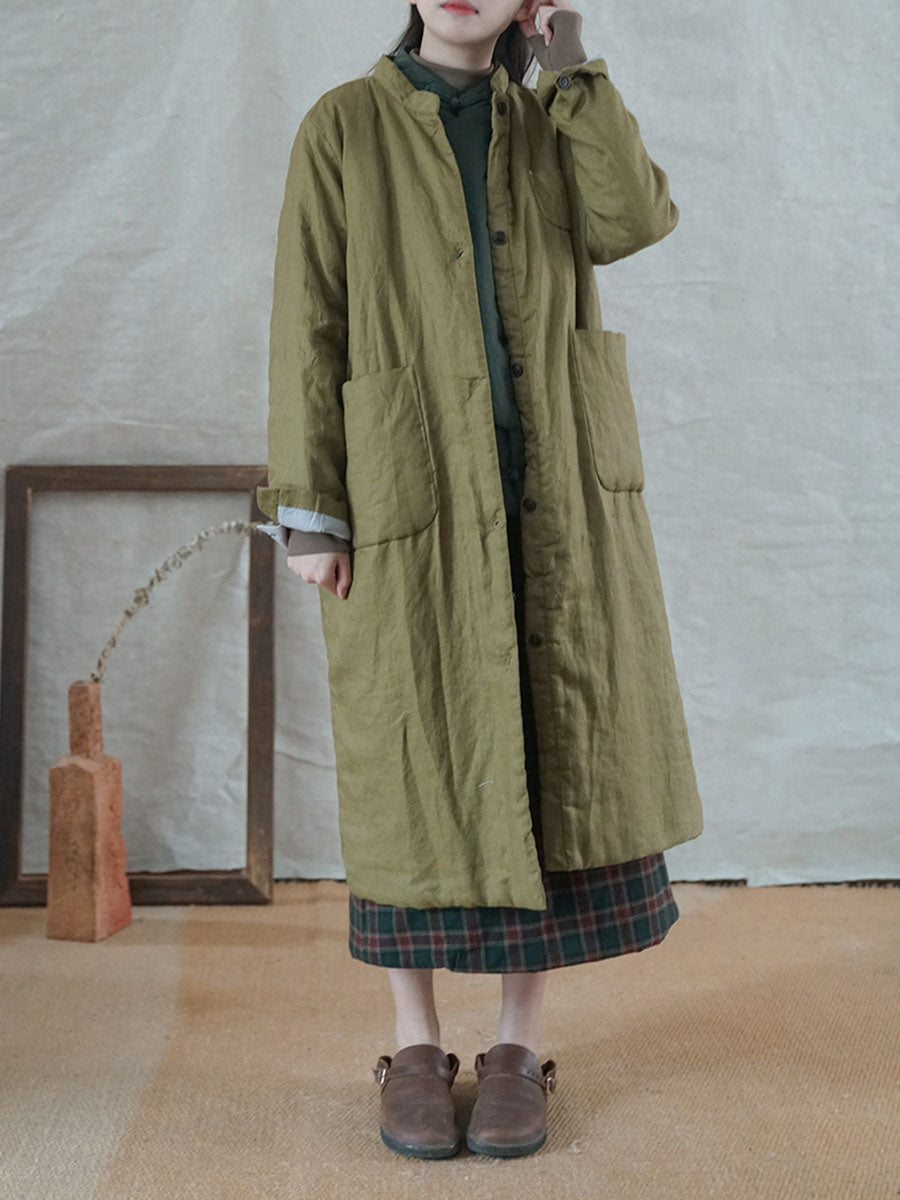 Women Winter Casual Button Pocket Solid Padded Coat