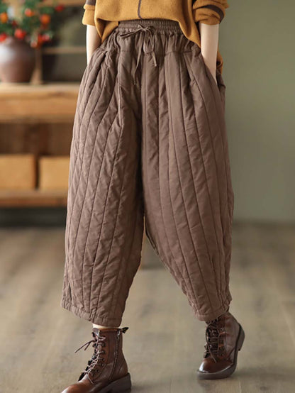 Women Striped Solid Pocket Elastic Waist Harm Pants