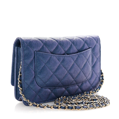 Iridescent Caviar Quilted Wallet on Chain WOC Dark Blue
