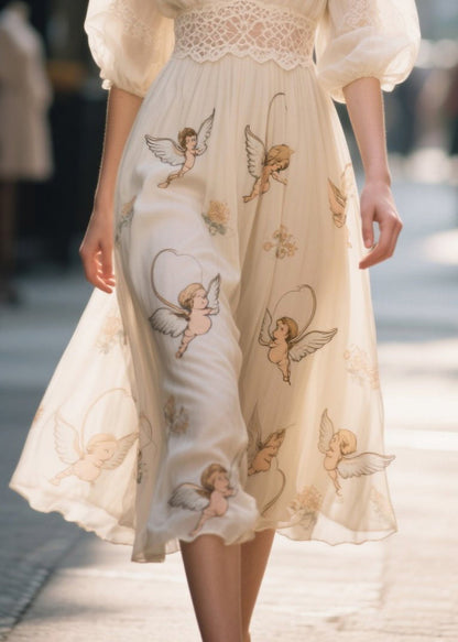 Bohemian Apricot Print Lace Patchwork Chiffon Dress Summer