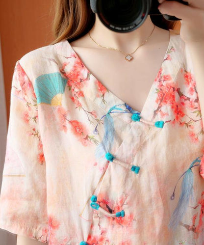 Handmade v neck half sleeve summer tops women floral shirts