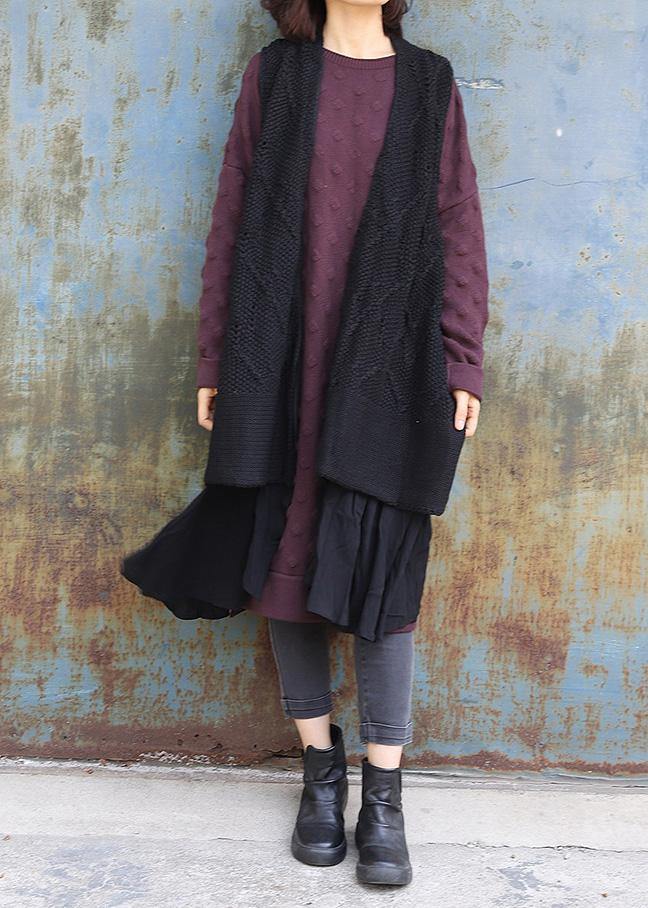 Vintage sleeveless knit outwear oversize black hollow out knit cardigans