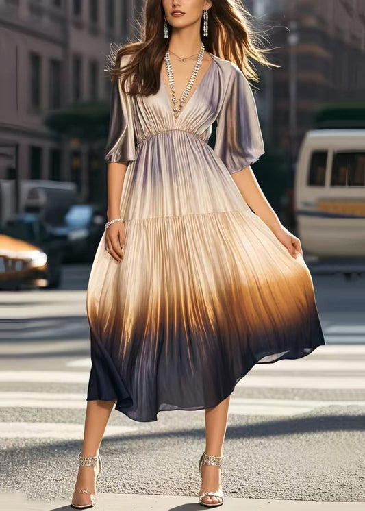 Italian Gradient Color V Neck Tie Dye Silk Pleated Dress Summer