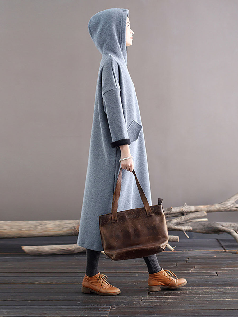 Women Winter Casaul Solid Loose Thick Hooded Dress