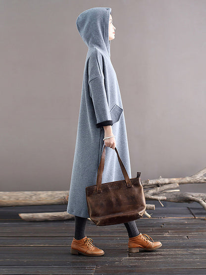 Women Winter Casaul Solid Loose Thick Hooded Dress