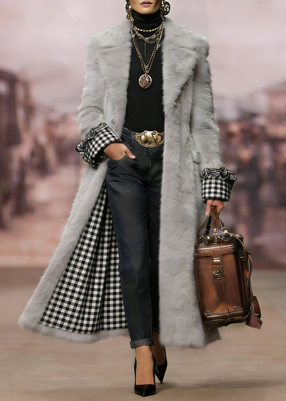New Grey Peter Pan Collar Plaid Patchwork Faux Fur Coat Winter