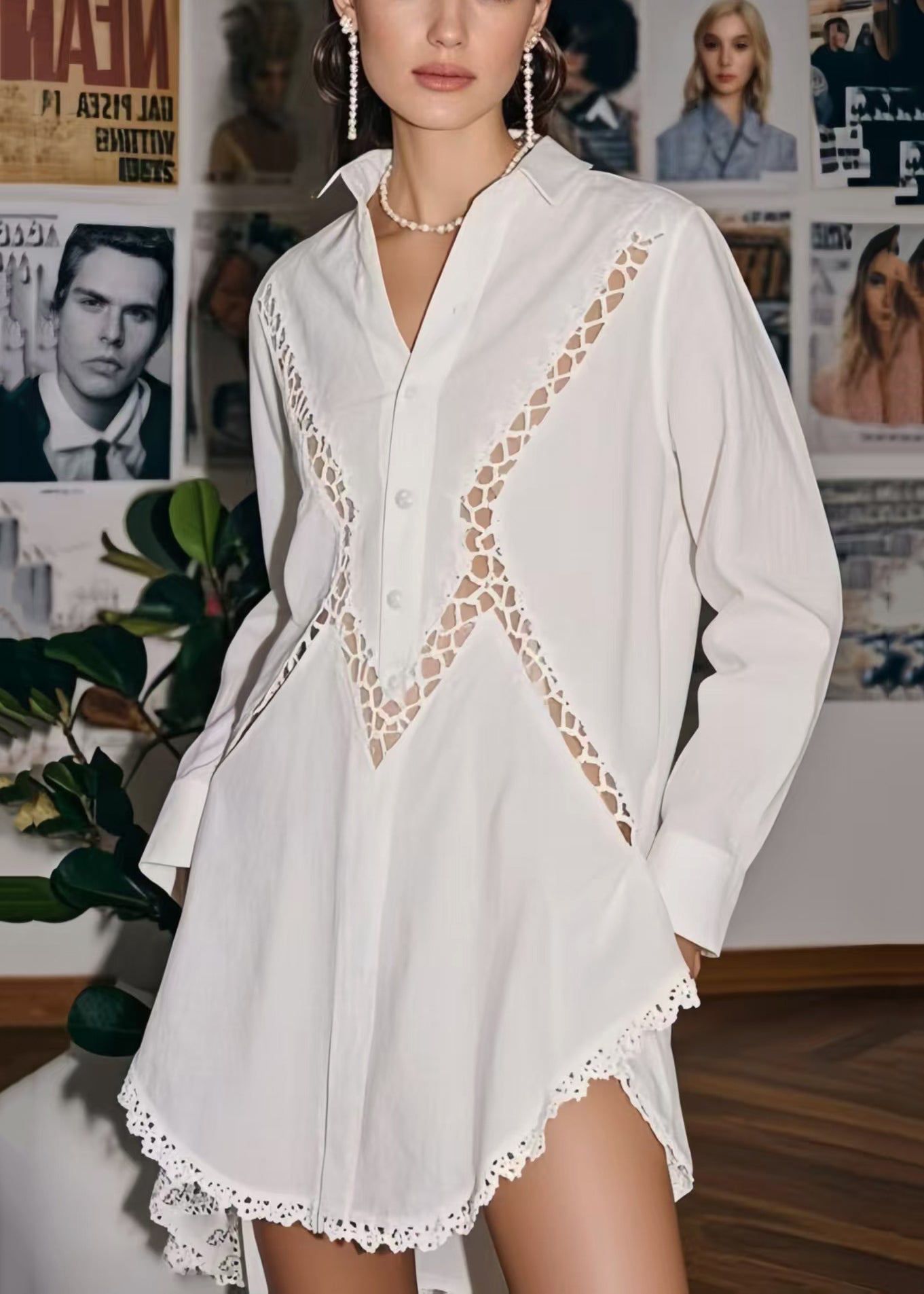 Boho White Hollow Out Patchwork Lace Long Blouses Spring