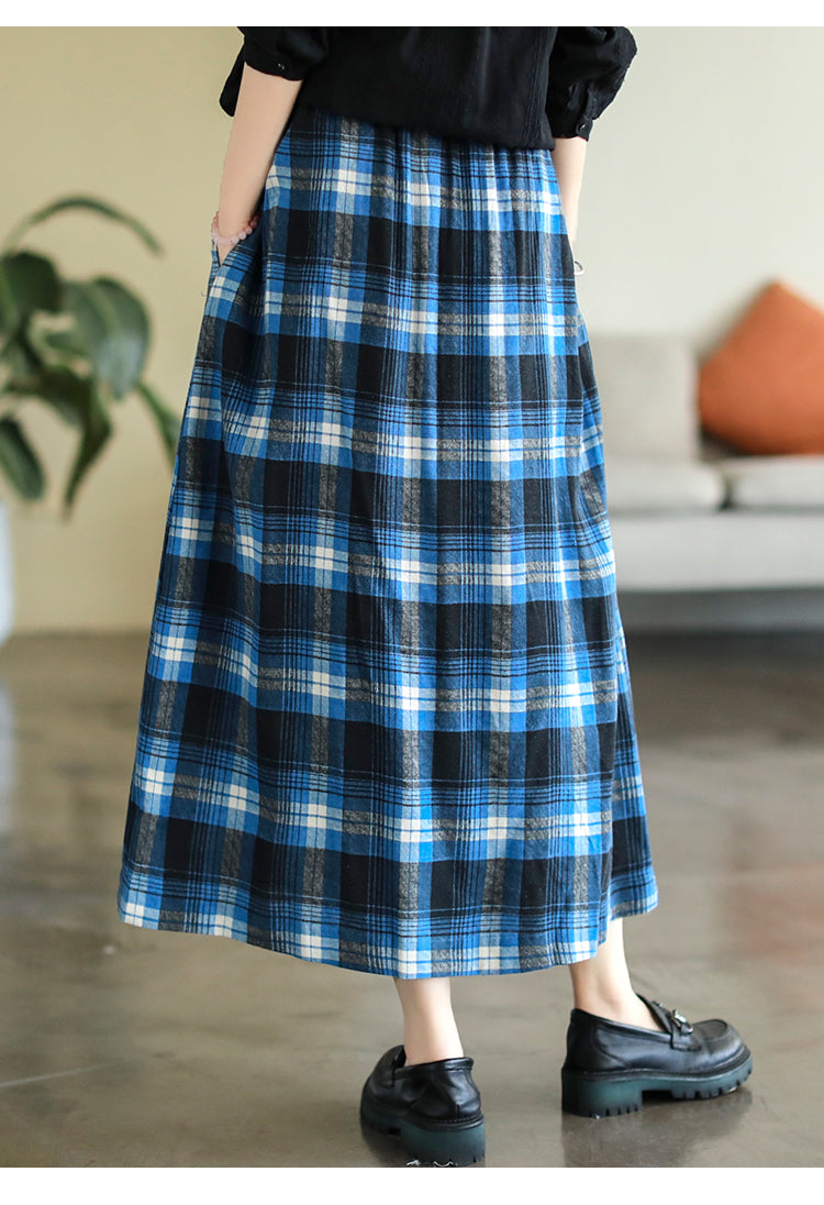 Vintage Cotton and Linen Check Elastic High Waist Plus Size A-Line Skirt