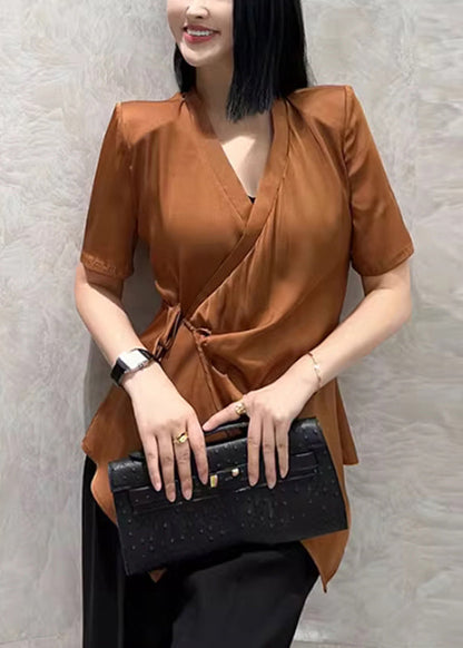 Chic Caramel V Neck Tie Waist Shirt Short Sleeve