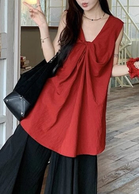 Casual Red V Neck Wrinkled Top Sleeveless