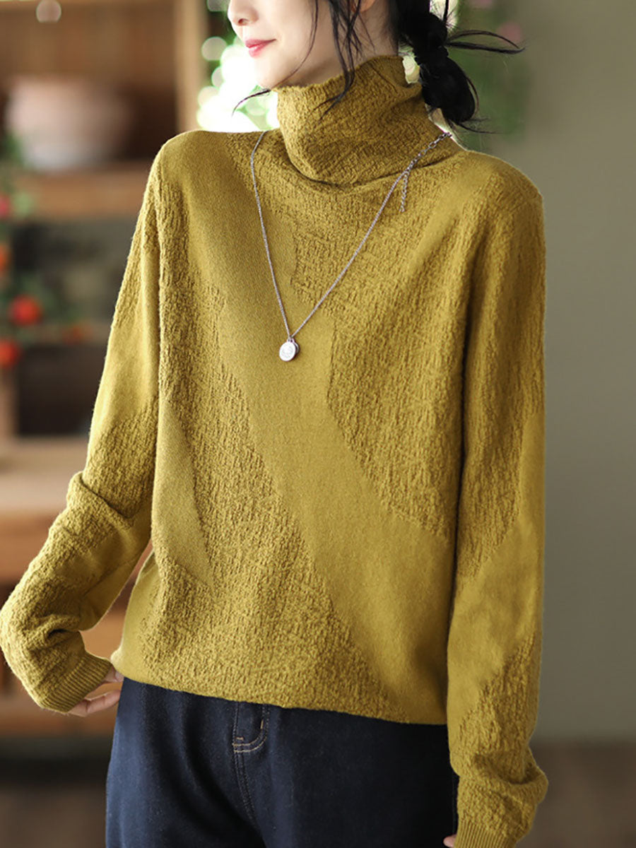 Women Vintage Jacquard Turtleneck Loose Sweater