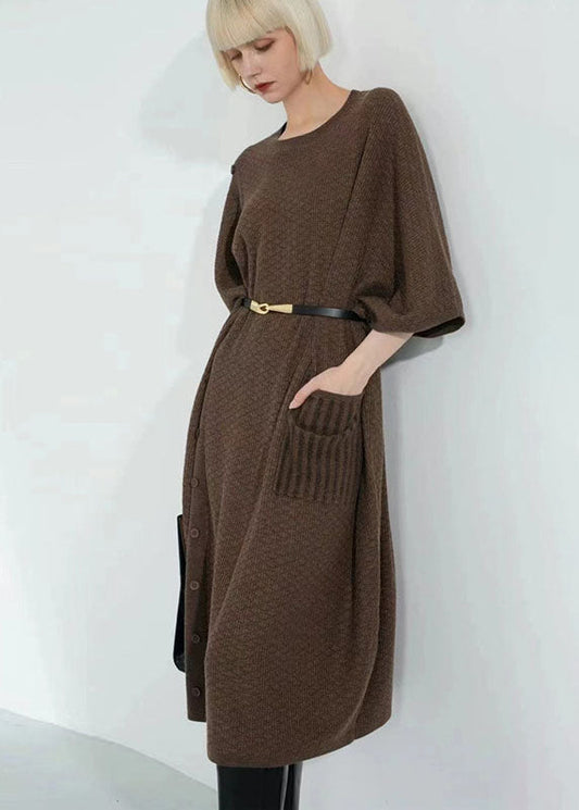 Boutique Coffee O-Neck Patchwork Button Long Wool Knit Dress Bracelet Sleeve