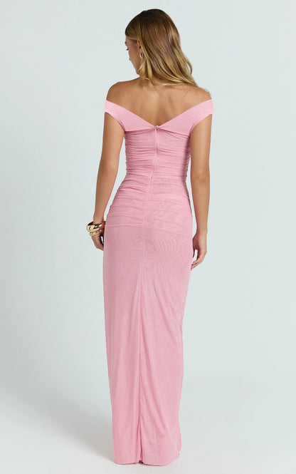 Harrison Maxi Dress - Off Shoulder Ruche Wide Waistband Long Skirt Mesh Dress In Pink