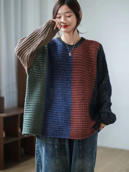 Women Plaid Hollow Out Long Sleeve Pullover Sweater