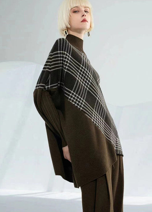 Coffee Green Warm Plaid Knitted Tops Asymmetrical Design Batwing Sleeve