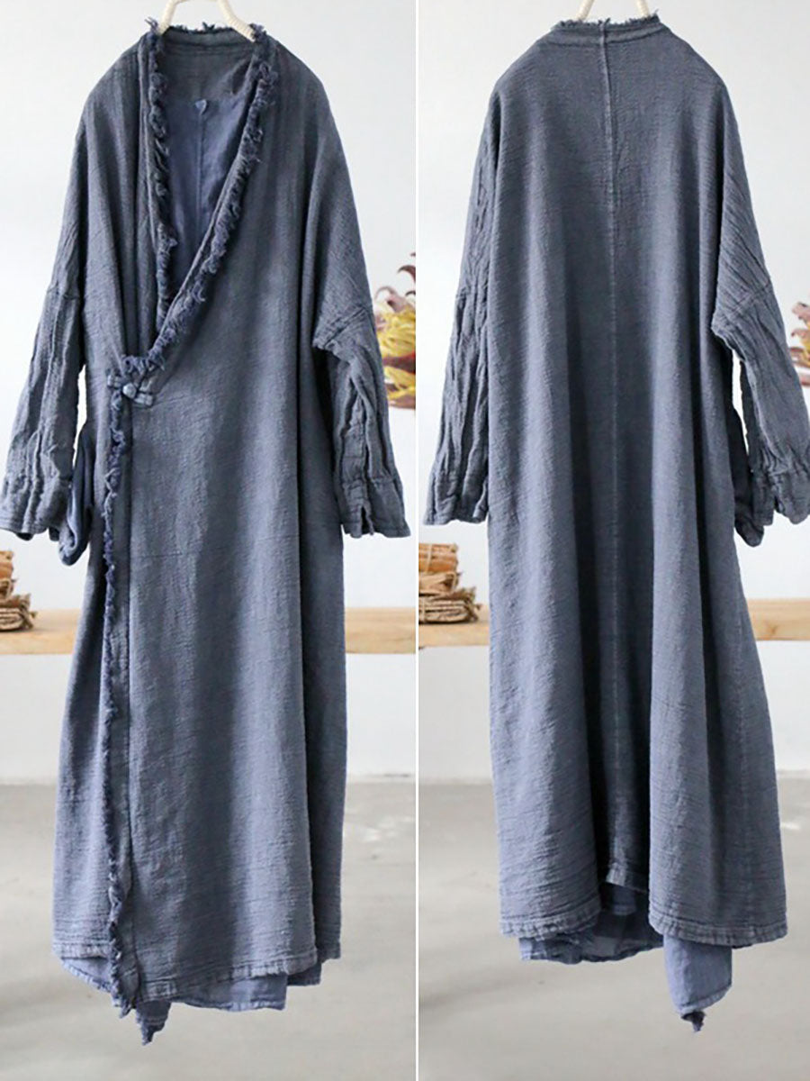 Women Artsy Worn Burrs Solid Button Irregular Long Coat