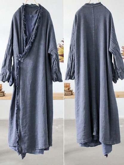 Women Artsy Worn Burrs Solid Button Irregular Long Coat