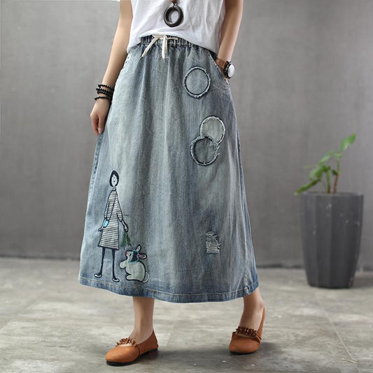 Cozy Thin Cartoon Embroidered Patch Swing  Denim Skirt