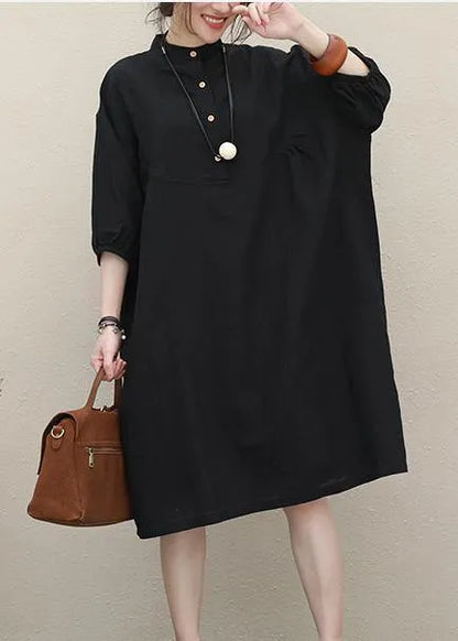 Art stand collar Batwing Sleeve linen summer outfit Photography black Dress
