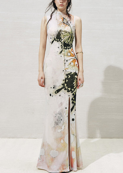 Boho White Stand Collar Print Tulle Two Pieces Set Sleeveless