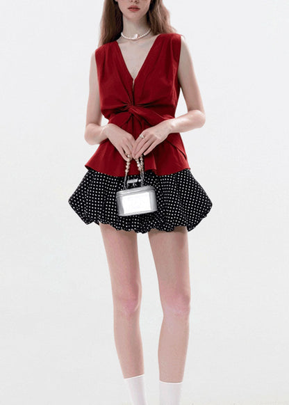 Fine Red V Neck Wrinkled Cotton T Shirts Sleeveless