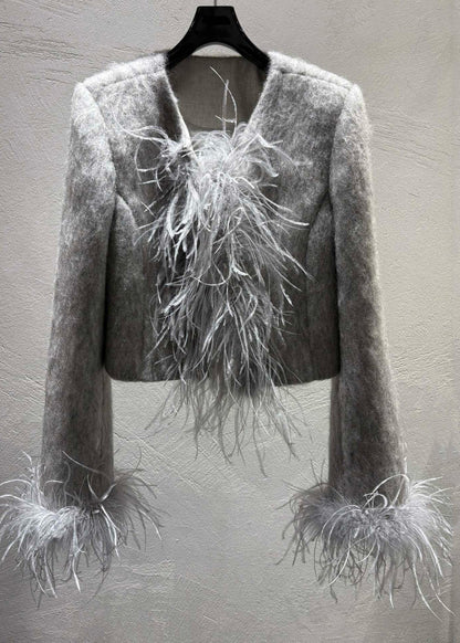 Fashion Grey Feather Patchwork Wool Coats Winter