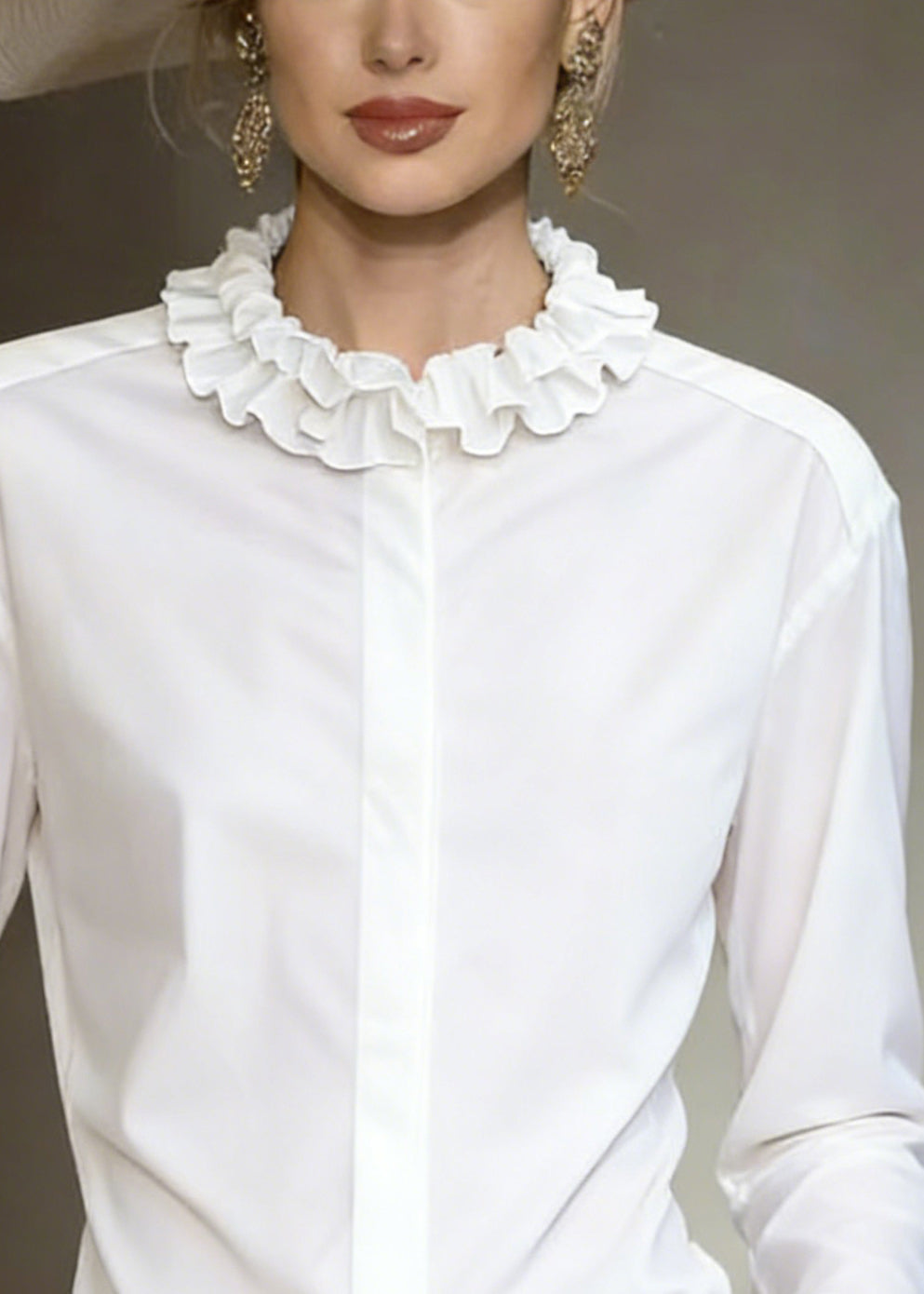 Stylish White Ruffled Button Solid Cotton Shirt Tops Fall