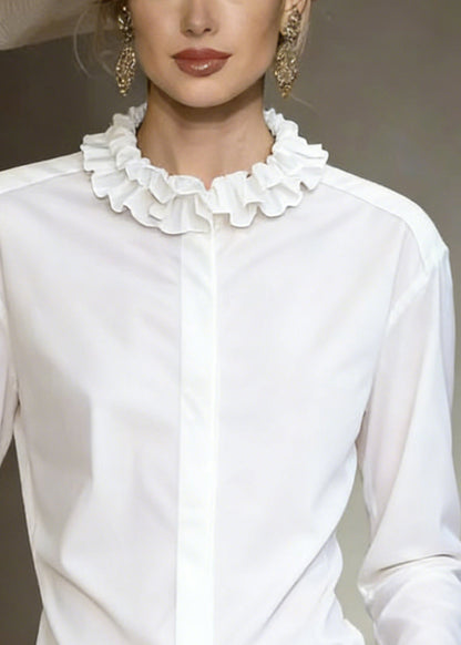 Stylish White Ruffled Button Solid Cotton Shirt Tops Fall